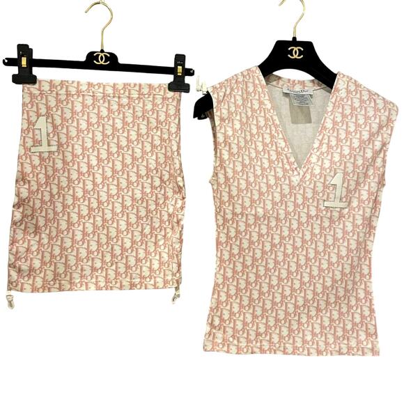 Authentic Christian Dior Trotter Logo Pink Monogram Vintage Top Skirt Set Y2K